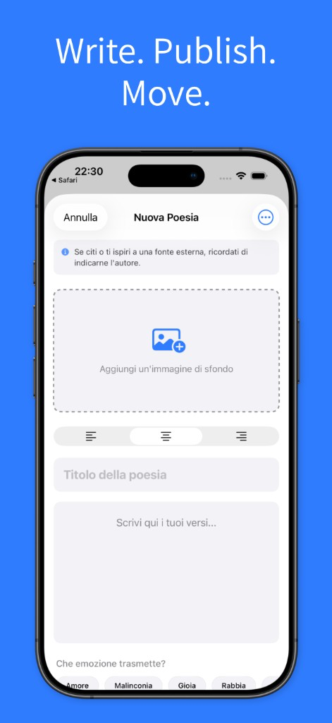 Schermata Editor di Oceano di versi