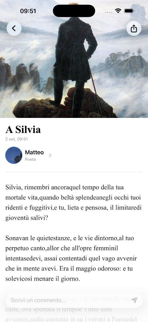 Schermata di una poesia in Oceano di versi