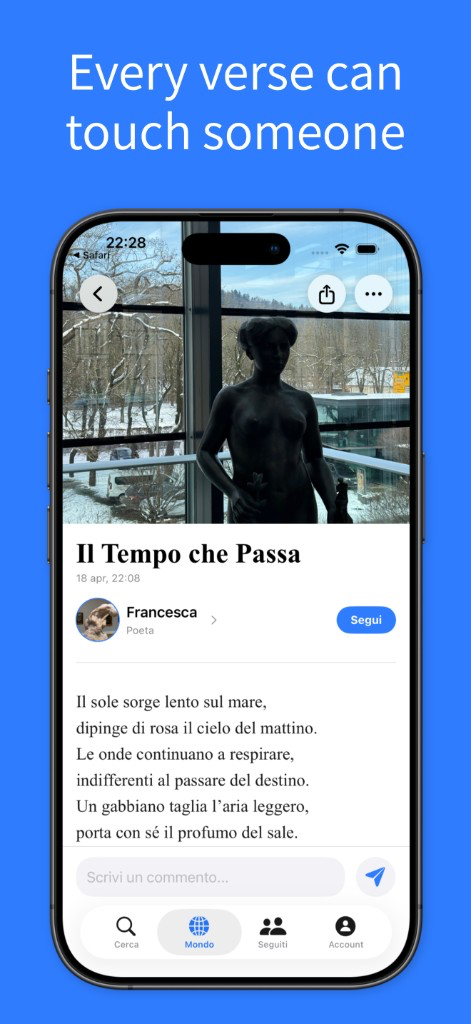 Schermata di una poesia in Oceano di versi